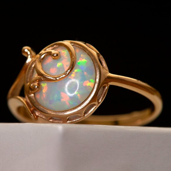 Stunning Custom Made 14K Rose Gold Opal Ring Vintage Real Gold Opal Ring Sz 6.75 - Picture 1 of 12